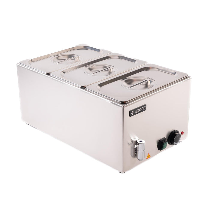 eZone Bain Marie G8710 w/Tap + 3x 1/3GN Pan & Lid Wet Heat Food Warmer 1.2kW