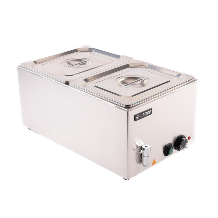 eZone Bain Marie G8710 w/Tap + 2x 1/2GN Pan & Lid Wet Heat Food Warmer 1.2kW