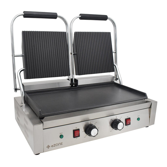 eZone Commercial Twin Contact Grill Panini Maker Ribbed/Flat 2x1.8kW 230V