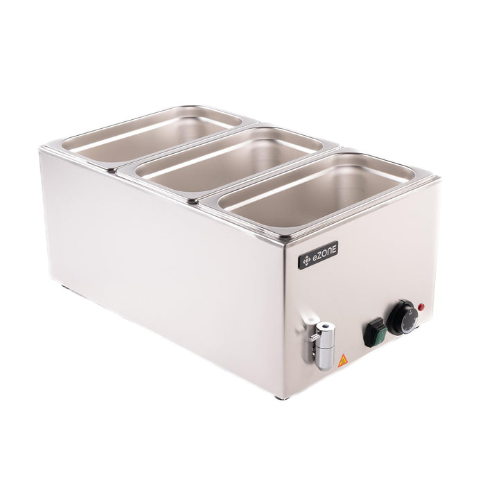 eZone Bain Marie G8710 w/Tap + 3x 1/3GN Pan & Lid Wet Heat Food Warmer 1.2kW