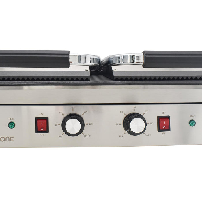 eZone Commercial Twin Contact Grill Panini Maker Ribbed/Flat 2x1.8kW 230V